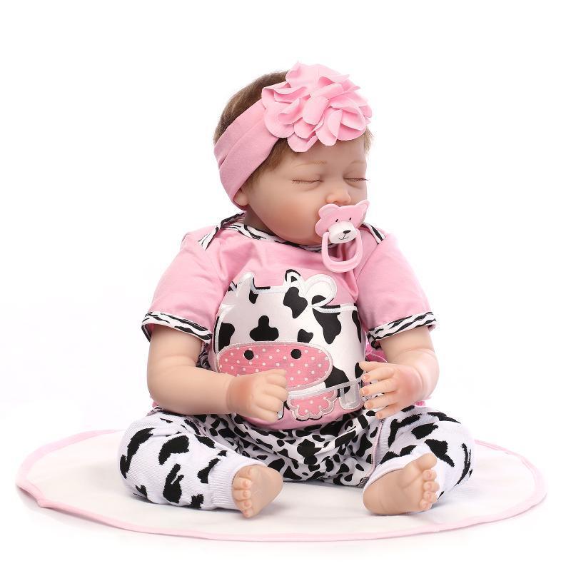 22&quot; Mini Cute Simulation Baby Sleeping Baby in Cow Pattern Clothes Pink