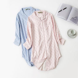 2018 Women Nightgowns Cotton Striped Nightdress Full Sleeve Turn-Down Collar Home Clothes Pink Blue Loose Sleepwear
