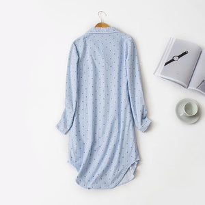 2018 Women Nightgowns Cotton Striped Nightdress Full Sleeve Turn-Down Collar Home Clothes Pink Blue Loose Sleepwear