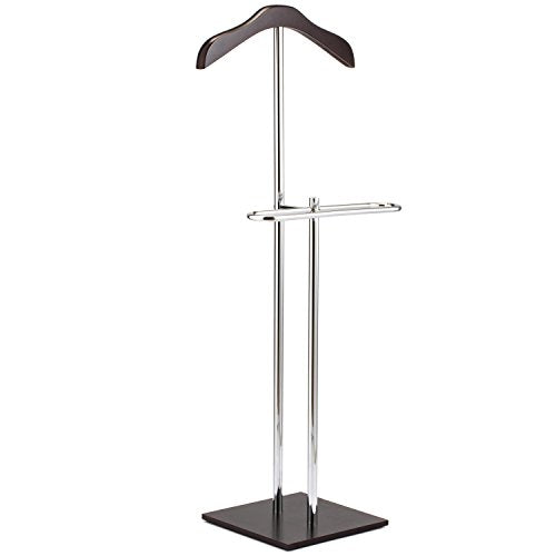 MyGift Brown Wood & Metal Suit Valet Floor Stand/Garment Organizer Rack/Coat & Pants Hanger