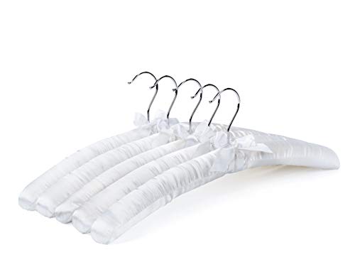 Amber Home 17" White Satin Padded Hangers with Sturdy Chrome Hook and Wood Base Durable and Long-Lasting for Man's Pyjamas, Coat, Sweaters, Dresses, Shirts and for Women Clothing Pack of 5