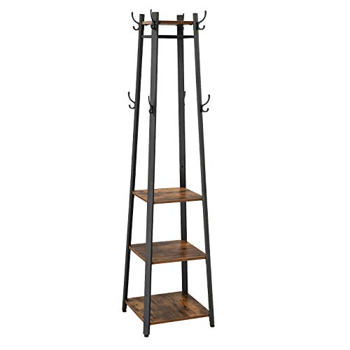 VASAGLE Industrial Coat Rack, Coat Stand with 3 Shelves, Hall Trees Free Standing with Hooks and Clothes Rail, Metal Frame ULCR80X