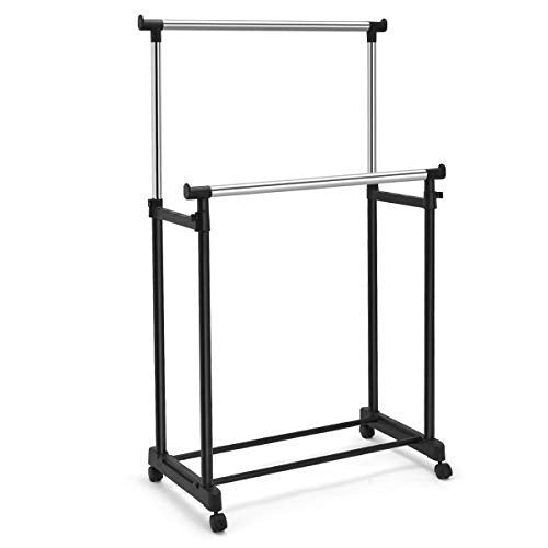 GOFLAME Garment Rack with Wheel Heavy Duty Metal Frame Height Adjustable Portable Clothes Rack with Doulble Rail