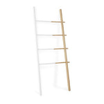 Umbra Hub Ladder – Adjustable Clothing Rack for Bedroom or Freestanding Towel Rack for Bathroom | Expands from 16 to 24 inches with 4 Notched Hooks, White/Natural