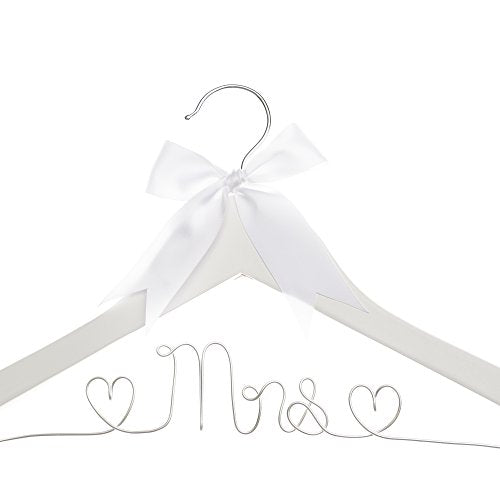 Ella Celebration Mrs Wedding Dress Hanger, Wood and Wire Hangers for Bride (White with Silver Wire)