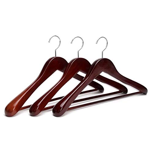 JS HANGER Coat Hangers Extra Wide Rounded Shoulder with No-Slip Bar, Walnut Finish, 3 Pack