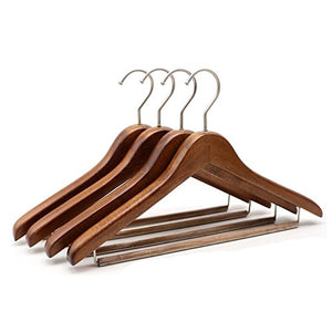 Kexinfan Hanger 4 Pcs Walnut Thick Wood Suit Garment Hanger With Locking Trouser Bar, Deluxe Antique Wood Coat Hanger With Non Slip Pants Bar