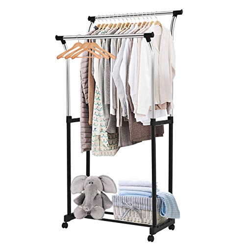 Tangkula Garment Rack Adjustable Heavy Duty Double Rail Tower Shoes Clothing Storage Organizer with Wheels and Shelves (34"x22.5"x68.5"), Black and Silver