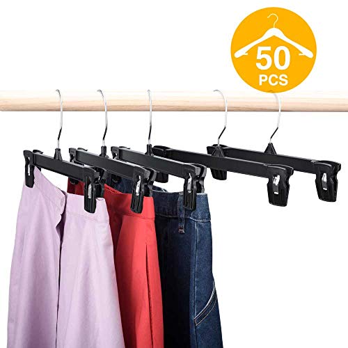 HOUSE DAY Skirt Hangers 50 Pcs 10inch Black Plastic Pants Hangers with Non-Slip Big Clips and 360 Swivel Hook, Durable Sturdy Plastic, Space-Saving Shape, Elegant for Closet Organizing