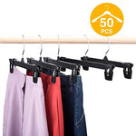 HOUSE DAY Skirt Hangers 50 Pcs 10inch Black Plastic Pants Hangers with Non-Slip Big Clips and 360 Swivel Hook, Durable Sturdy Plastic, Space-Saving Shape, Elegant for Closet Organizing