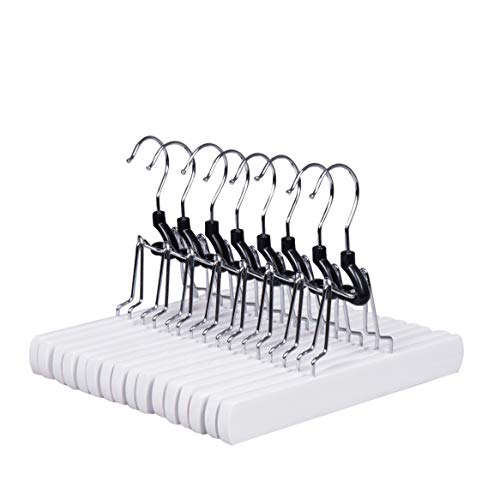 Amber Home Solid Gugertree White Wood Non Slip Collection Slack Hangers Wood Pant Hangers Wood Skirt Hangers Wood Clamp Hangers with Anti-Rust Hook Pack of 10
