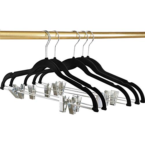 Jiede Velvet Clothes Hangers Heavy Duty with Metal Clips Non Slip for Pants Skirt Hanger- 360 Degree Chromes Swivel Hook (Black)
