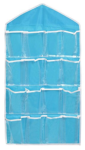 OUUD 16 Pockets Clear Over Door Hanging Storage Bags Organizer for Socks Jewelry Bra Underwear (Blue)