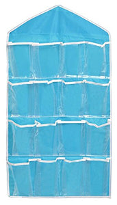 OUUD 16 Pockets Clear Over Door Hanging Storage Bags Organizer for Socks Jewelry Bra Underwear (Blue)