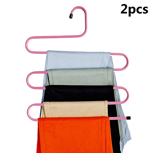Vpang S-Type 5 Layers Stainless Steel Pants Hangers Trousers Storage Rack Jeans Clothes Ties Scarves Belts Organizer, Pack of 2 (Pink)