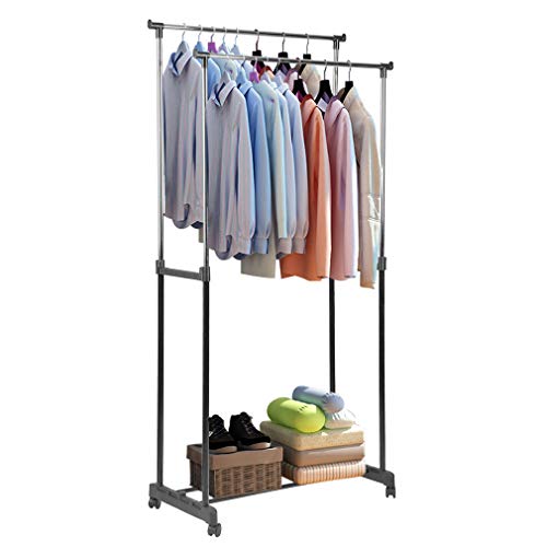 IOOkME-H Double Rail Clothes Rack Adjustable Height Rolling Garment Rack Stainless Steel 2 Shelf Pole Clothes Hanger Freestanding Organizer