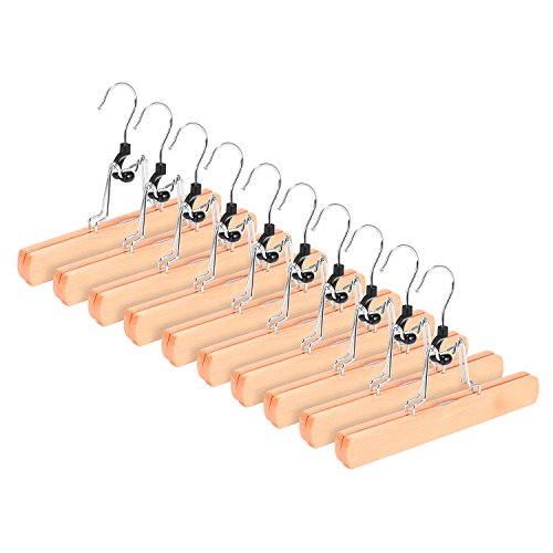 RoyalHanger Wooden Hangers 10 Pack, Skirt Hangers Pant Hangers Collection Wood Hangers Clamp Hanger Trouser Hangers, Non Slip, Natural Finish