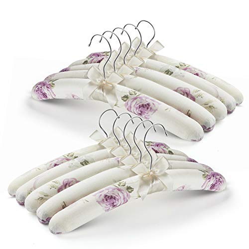 GLCON Anti Slip Satin Padded Clothes Hangers for Women Foam Sweater Hangers - Fancy Thick Padded Coat Hanger No Bump Floral Canvas Cover for Adult, Bridesmaid, Wedding Gown Closet (Pack of 10)