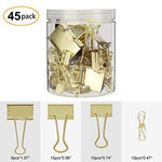 Maddott Gold Binder Clips, Paper Clamp Clothes Pins Clips Assorted Sizes, Pack of 45