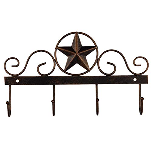 EBEI Metal Barn Star Key Rack Holder Wall Mounted Metal Decorative 10" Vintage Key with 4 Hooks Dark Brown Western Home Wall Decor