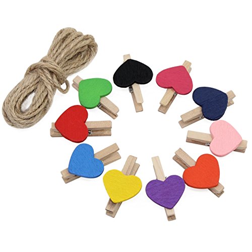 AIKE Mini Nature Wooden Photo Clips Clothespins Photo Paper Peg Red Heart DIY Craft Clips with 10m Jute Twine (Colorful Heart-50Pack)