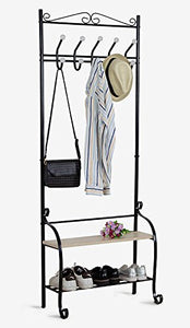 Yaker’s collection Metal Entryway Coat Rack with 10 Hooks 2 Shoes Shelf Garment Rack Storage for Coat Hat Umbrella Rack (Black)