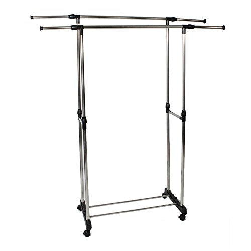 Binlin Clothing Rack,Dual-bar Vertically & Horizontally-Stretching Stand Clothes Rack with Shoe Shelf,Silver