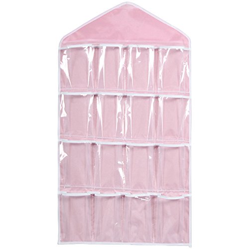 Barlingrcok Sock Organizer, Foldable Underwear Drawer Organizer,16 Pockets Clear Hanging Bag Socks Bra Ties Rack Hanger Storage Organizer (Pink)