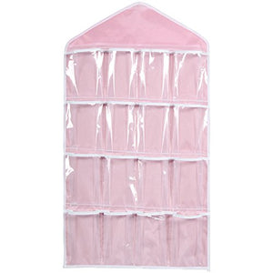 Barlingrcok Sock Organizer, Foldable Underwear Drawer Organizer,16 Pockets Clear Hanging Bag Socks Bra Ties Rack Hanger Storage Organizer (Pink)