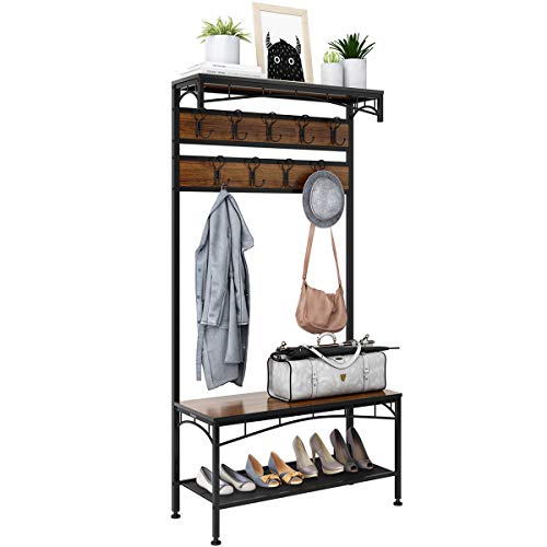 3-in-1 Entryway Coat Rack, Rackaphile Vintage Metal and Wood Hall Tree with Storage Bench Shoe Rack Entryway Storage Shelf Organizer with 18 Hooks