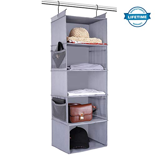 Collapsible Hanging Closet Organizer with 5 Shelves and Side Pockets Never Rip Hooks Top Design Durable Oxford Cloth Material Grey Color
