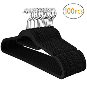 Yaheetech Premium Velvet Flocked Hangers 100 Pack Non Slip Black Clothes Suit Hangers Hook Swivel 360 Ultra Thin