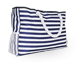 CALMOCASA Beach Bag Sturdy Cotton Rope Handles Outside Pocket Shoulder Tote Phone Case Key Holder Bottle Opener Water Repellent Blue Stripes Zipper Washable Ripstop Cash Tablet Large Towels Cosmetics