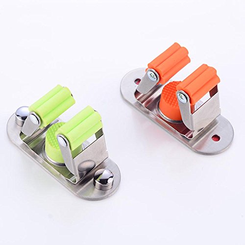 Stainless Steel Mop Broom Holder Organizer, 3M Self Adhesive Wall Mounted Mop Broom Hanger Sports Bat Toilet Brush Shower Head Mounted Hooks Home Tools/ Kitchen Organizer Rack (One Orange&Green)