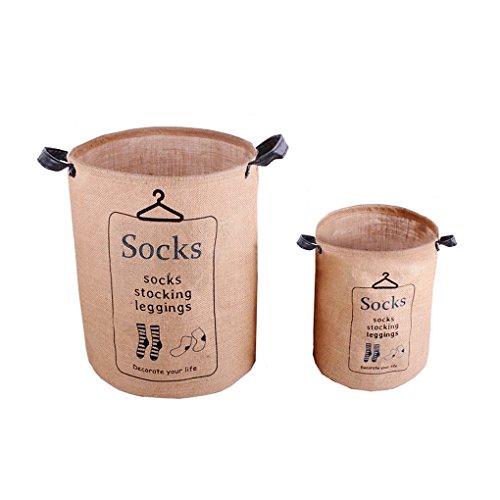 ZAKKA Waterproof Cotton Linen Foldable Round 2 Pcs Storage Bucket Organizer Pop-up Collapsible Laundry Hampers Dirty Clothes Shoes Basket Holder Baby's Toys Collection Box Closet Bin 2 Handles "Socks"