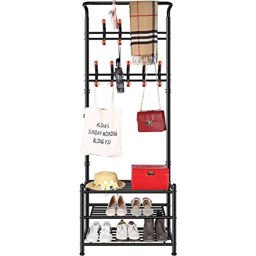 TomCare Coat Rack with 3-Tier Shoe Rack Hall Tree Entryway Bench Organizer 18 Hooks Coat Hanger Hat Racks Heavy Duty with Shoe Storage Shelves Metal Black for Doorway Hallway