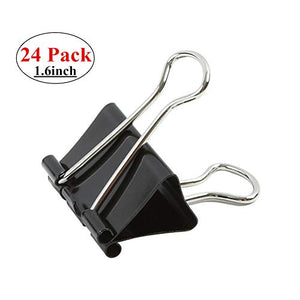 Large Binder Clips 1.6-Inch Paper Clamp Holding Capacity Black and Silver Steel(24-Pack)