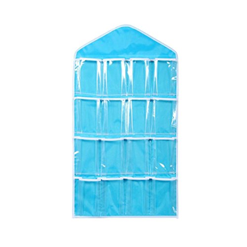 16 Pockets Clear Over Door Hanging Bag, Shoe Rack Hanger, Underwear Bra Socks Closet Storage Organizer (Blue)