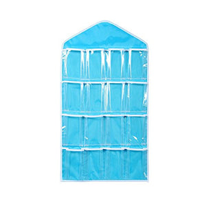 YOMXL Crystal Clear Hanger Storage Organizer 16 Pockets Over The Door Wall Hanging Storage Bags for Socks,Bra,Underwear Organizer (Small, Blue)