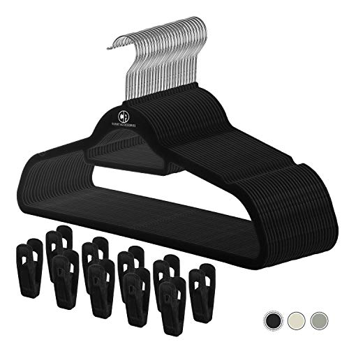 Closet Accessories, Black velvet hangers, ultra slim space saving, notches, tie bar, swivel hook, 25 pack, with bonus 10 matching velvet finger clips