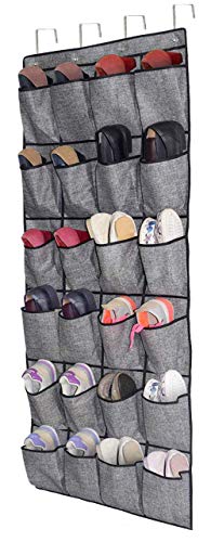 Over The Door Shoe Organizer,Hanging Shoe Holder with 24 Extra Large Fabric Pockets for Storage Men Sneakers,Women High Heeled Shoes,Slippers Beige with Black Printing 61.4''x22''