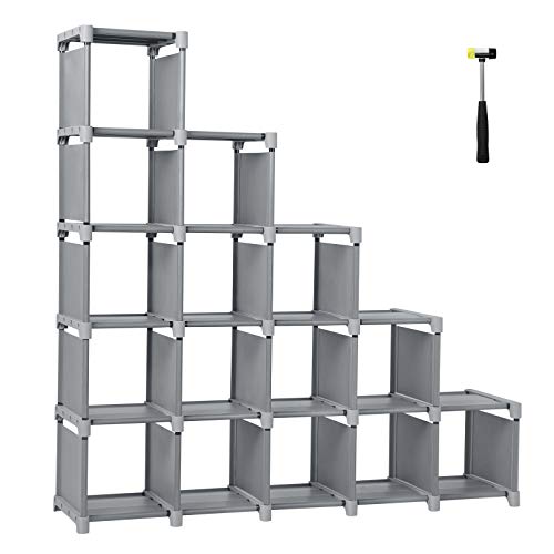 SONGMICS 16 Cube Shoe, DIY Modular Storage Shelves Bookshelf Toy Rack, Display Cabinet Closet Organizer Unit, Includes Rubber Mallet, Gray ULSN56GY, Grey