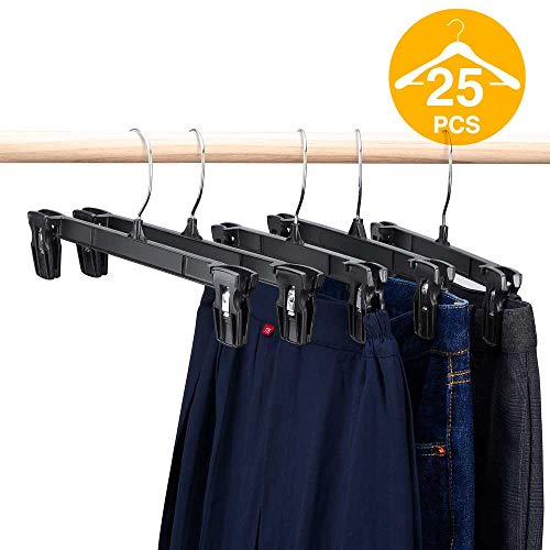 HOUSE DAY Pants Hangers 25 Pcs 12inch Black Plastic Skirt Hangers with Non-Slip Big Clips and 360 Swivel Hook, Durable Sturdy Plastic, Space-Saving Shape, Elegant for Closet Organizing