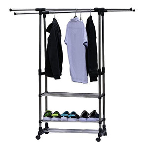 HOBBYN Clothing Garment Rack,Simple Houseware Double Rod Portable Clothing Hanging Garment Rack
