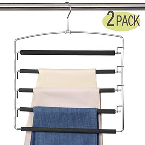 Meetu Pants Hangers 5 Layers Stainless Steel Non-Slip Foam Padded Swing Arm Space Saving Clothes Slack Hangers Closet Storage Organizer for Pants Jeans Trousers Skirts Scarf Ties Towels (2 Pack)