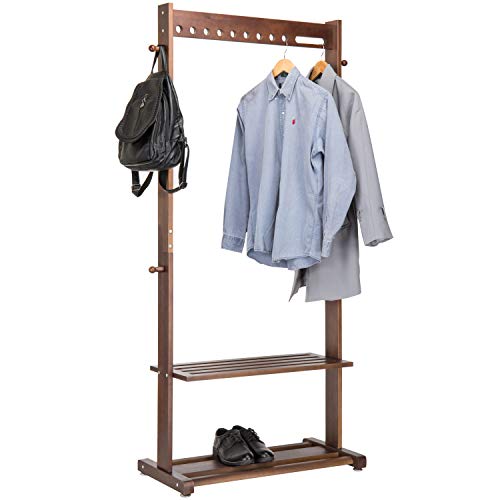 MyGift Freestanding Wood Garment Rack with 4 Hat Hooks & 2-Tier Storage Shelves, Dark Brown