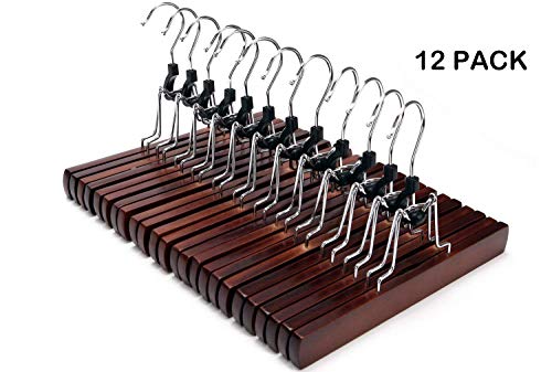 JS HANGER Wooden Pants Hangers, Wool Skirt Hangers Mark Free, 12 Pack Collection Slack Clamp Hangers with Anti-Rust Hooks,Cherry Finish