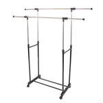 HOBBYN Clothing Rack,Dual-bar Vertical & Horizontal Stretching Stand Clothes Rack with Shoe Shelf YJ-04 Black & Silver