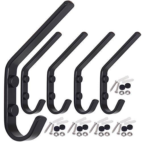 WEBI Coat Hook Wall Mounted - Heavy Duty Metal Dual Wall Hook Rack – Double Prong Robe Hooks for Bathroom Kitchen Office Entryway Closet,Single Hook,Black,5 Packs