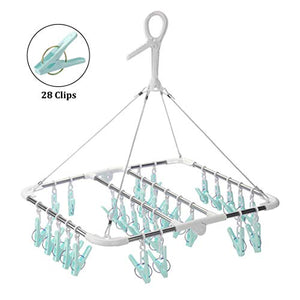 Collapsible Laundry Drying Rack with 28 Clips,Stainless Steel Drip Hanger with Plastic Clothespins for Drying Socks,Bras,Underware BabyClothes and so on Clother Hanger(Blue)